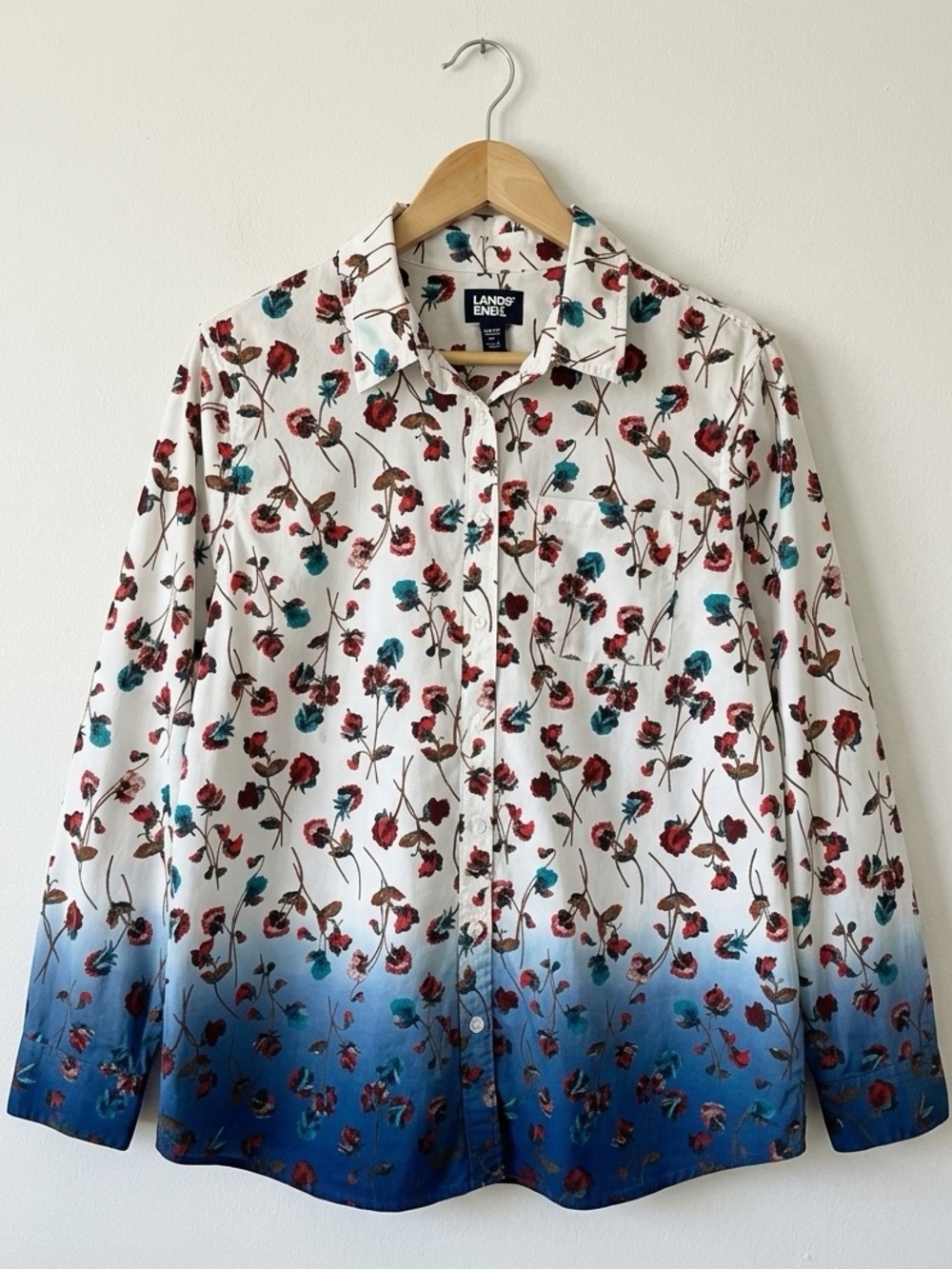 Lands’ End Poppies Ombre Button Front Blouse White Blue Floral Medium Petite MP